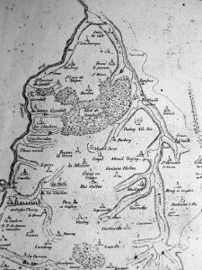 Carte du Cinglais extraite de la carte d’Outhier 1736. Elle figure dans l’ouvrage de VAULTIER « Le pays de Cinglais » 1836
